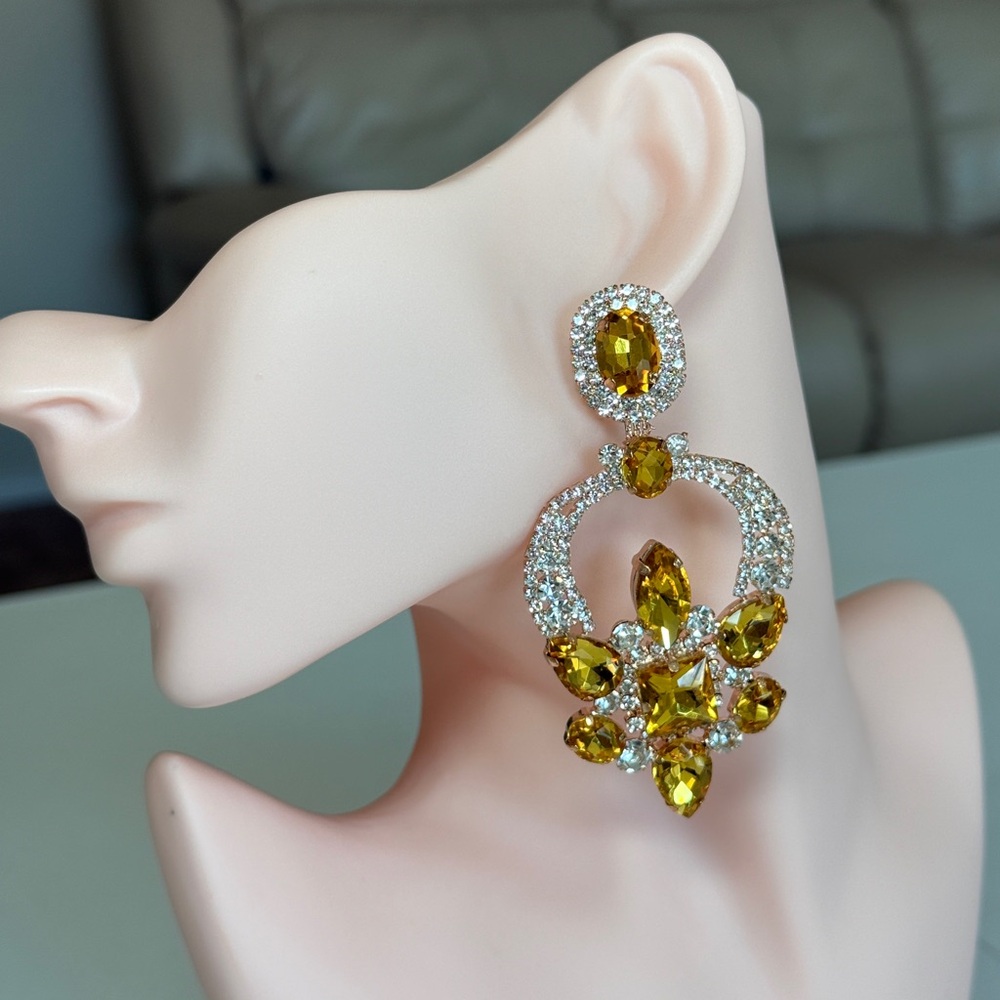 Crystal Drop Earrings with Yellow Gem Accents